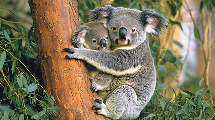 Obraz premium A mother koala cradles her joey in a eucalyptus tree.