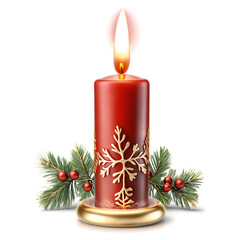 Red candle with gold design surrounded by pine branches and red berries on a transparent background