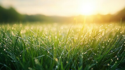 Fototapeta premium Morning sunlight illuminating dewy grass in a tranquil meadow at sunrise