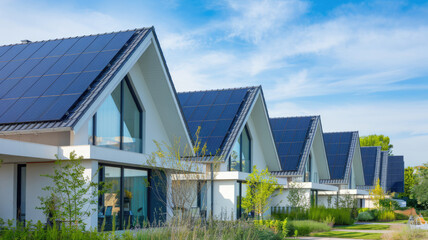 Obraz premium A row of houses with solar panels on the roofs. The houses are white and have a modern design. The sky is blue and there are some trees in the background