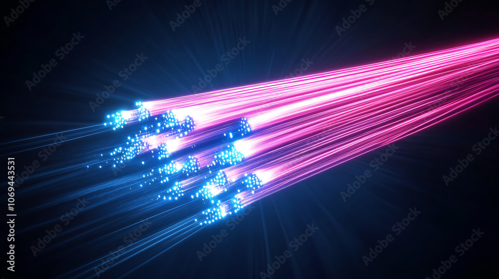 Poster optical data concept depicted by abstract glowing lines on a dark background, the high speed, vast c