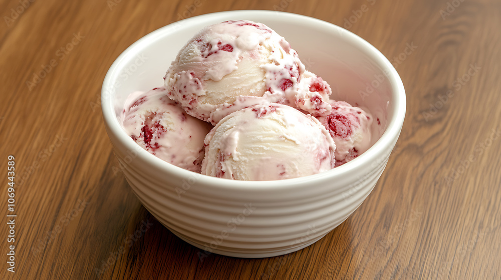 Aufkleber raspberry ice cream in white bowl on wooden table