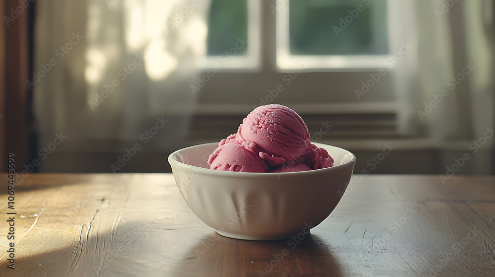 Aufkleber raspberry ice cream in white bowl on wooden table