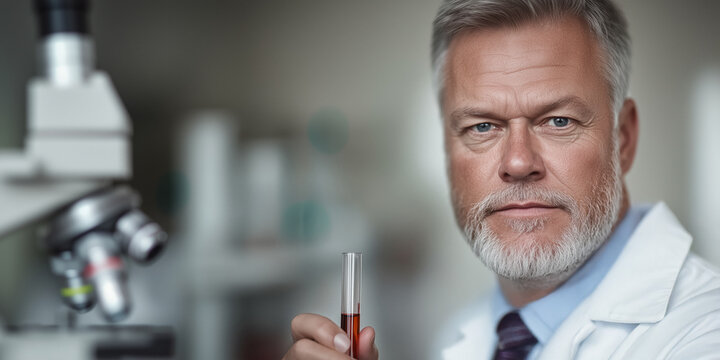 Senior scientist holding test tube in laboratory,wisdom and concentration in a research environment.