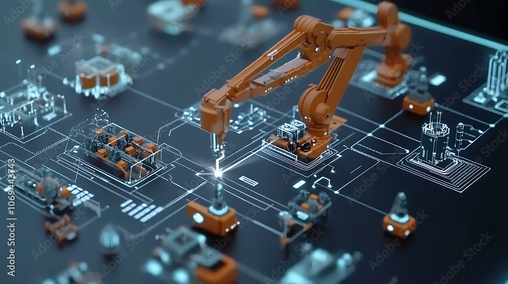 Poster Smart factory concept, abstract tech background, demonstrating Industry 4,0 revolution through automation and data exchange in manufacturing technologies