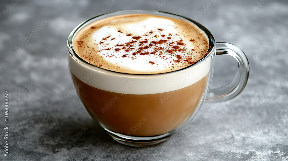 Poster side view of delicious cappuccino coffee with milk foam sprinkled with cinnamon in a transparent gla