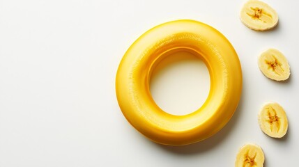 Banana slice with a perfect circular shape, rich golden hue, isolated on white, delicate shadows highlighting the smooth surface and interior fibers