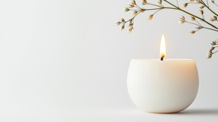 Candle in milk-white wax, close-up against white background, isolated simplicity perfect for home decor or relaxation product ads, modern minimalist