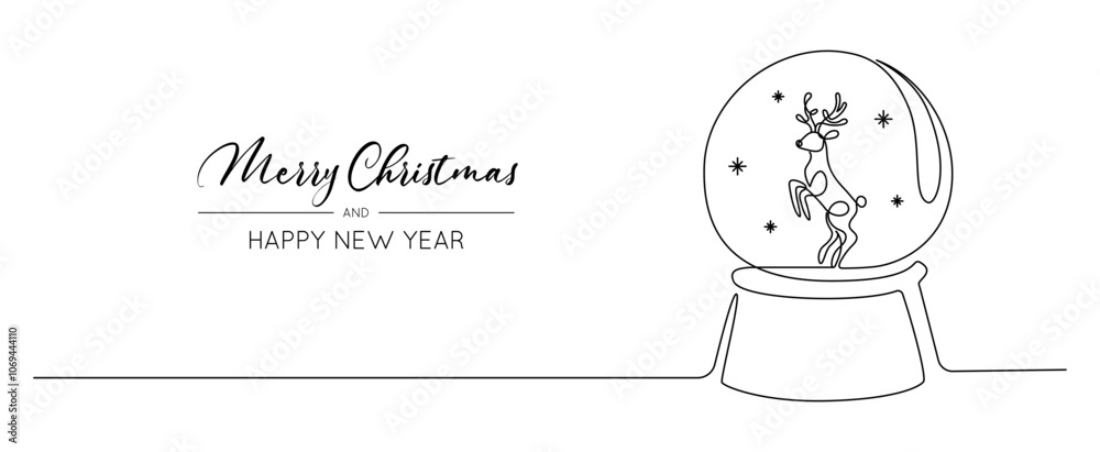 Poster one continuous line drawing of christmas snow globe with reindeer. magic glass ball for winter xmas 