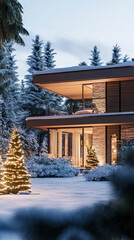 A Modern Winter Home Beautifully Decorated for Christmas Amidst a Snowy and Serene Landscape