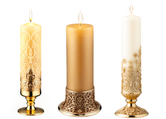 Three gold candles with intricate designs on a transparent background