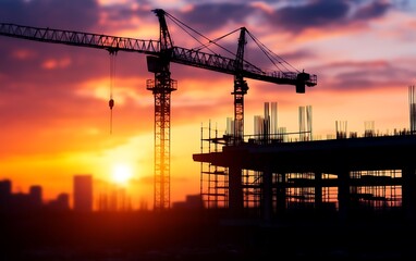A vibrant sunset silhouette of construction cranes over a building site, symbolizing growth and development in urban environments.