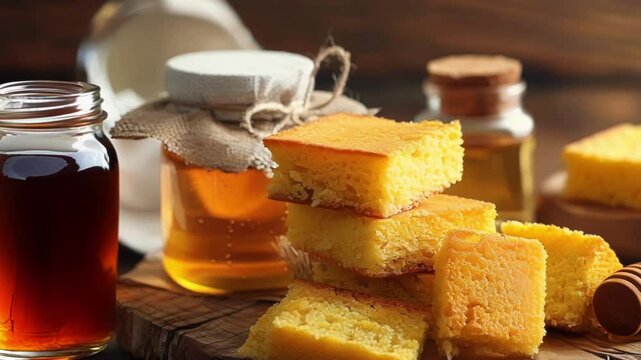 Delicious homemade cornbread slices stacked on a wooden board with golden honey and a dipper, perfect for breakfast or dessert. Mouthwatering combination of warm tones and rich honey