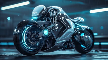 Futuristic Robot motorbike standing on a dark industrial background, AI generated image