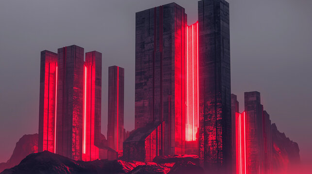 Futuristic monolithic concrete towers illuminated by intense red neon lights against a misty sky