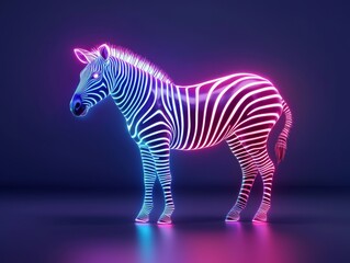 Fototapeta premium Stylized zebra in a pastel stripe pattern, standing in the dark, each stripe softly glowing in muted pink, blue, and lavender, creating a striking contrast
