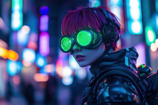A beautiful woman with short pink hair and glowing green glasses, dressed in black cyberpunk armor, stands on the neon streets of a cyberpunk city at night.