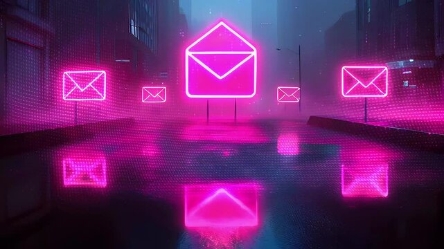 Neon pink mail signs in a foggy city street.