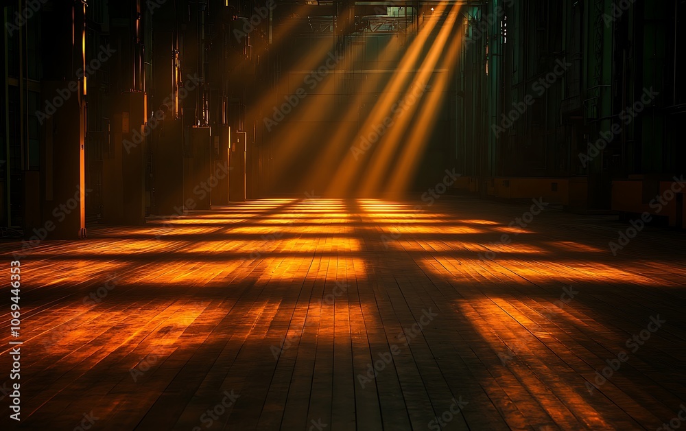 Fototapete A serene space illuminated by golden rays of light, creating striking shadows across the floor with a warm, inviting atmosphere.