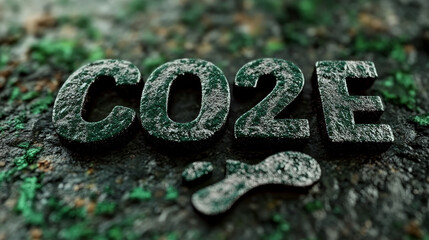 "CO2E" in bold green letters rests on a textured surface with a footprint symbol. Concept of carbon footprint and environmental awareness.