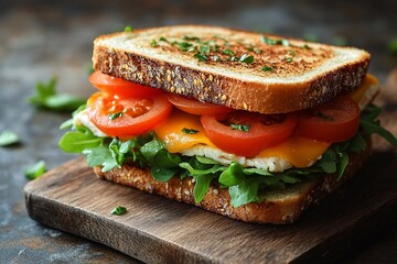 
Top shot of plate with sandwiches and crusty bread, space for text at top.