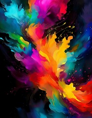 Fototapeta premium Abstract black watercolor background texture, bright multicolored color splashing illustration