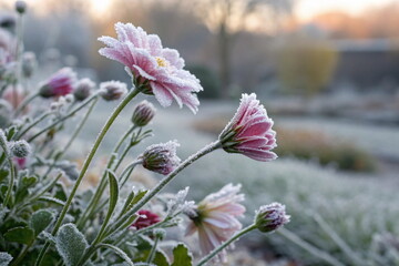 Frosty pink daisies blooming in winter garden