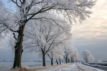 Fototapeta premium Frosty trees lining snowy road in winter landscape