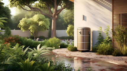 A light brown cylindrical object stands in a garden area. Trees and greenery surround it. Water is on the ground.