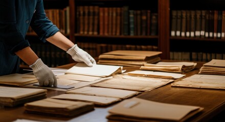 Archivist with white gloves handling old documents in library setting