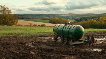 Obraz premium Green Tank on Agricultural Field with Scenic Background