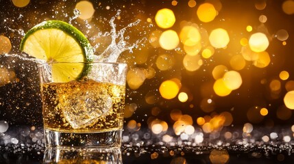 Tequila mid-pour, close-up shot with suspended droplets, vibrant splash creating dynamic movement, illuminated background for emphasis