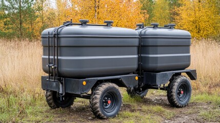 Black Tanks on Trailer in Autumn Landscape