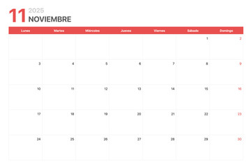 Calendario 2025. La semana del calendario 2025 comienza el lunes. Calendario minimalista y corporativo limpio para Noviembre 2025