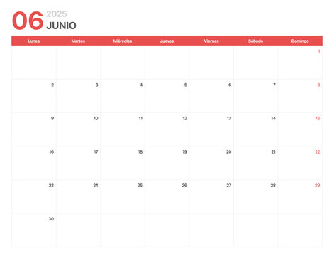 Calendario 2025. La semana del calendario 2025 comienza el lunes. Calendario minimalista y corporativo limpio para Junio 2025