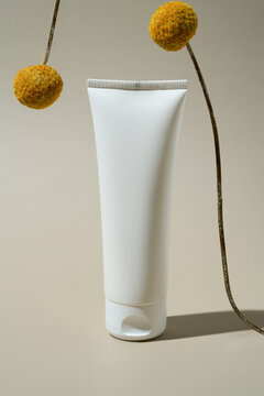 Neutral hand cream tube with dried flowers backdrop