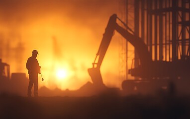 A worker stands silhouetted against a fiery sunset at a construction site, with machinery in the background, capturing the industrial landscape's intensity.