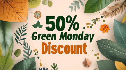 A vibrant promotional banner showcasing a 50% discount for Green Monday, surrounded by colorful leaves and floral elements.
