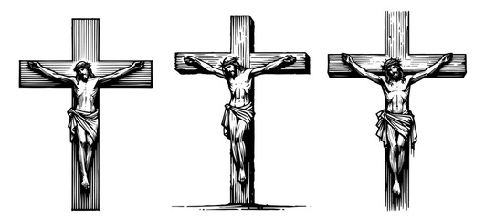 three crucifixes with Jesus depicted in sacred illustration