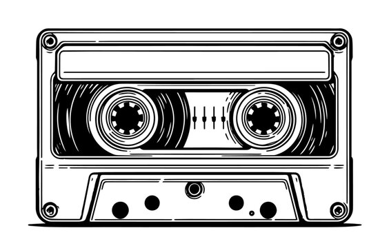 recommend clip art: vintage cassette tape illustration in black and white line art