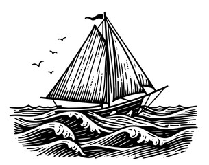 sailing boat on ocean waves in classic line illustration