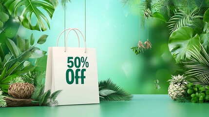 A promotional shopping bag displaying "50% Off" amidst a vibrant jungle of green foliage and plants.