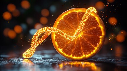 Neon DNA helix inside orange, molecular fruit genetics concept