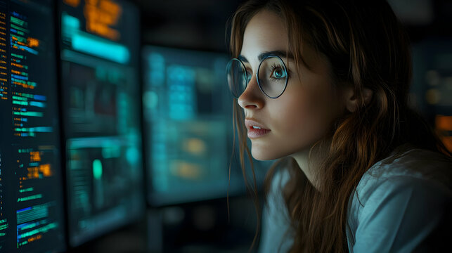 Woman with Glasses Looking at Computer Screen - Photo
