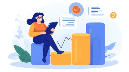 Woman Sitting On Bar Chart With Digital Tablet  Growth  Success  Business  Development  Strategy