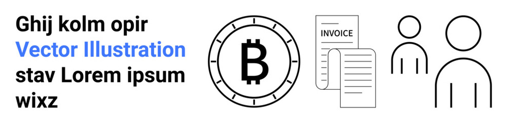 Bitcoin symbol surrounded by circular lines, two invoices marked INVOICE, and two user icons. Ideal for finance, cryptocurrency, blockchain, accounting, invoicing, user management, modern web design
