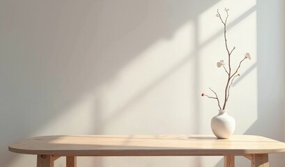 "Minimalist Vase with a Branch on a Wooden Table in Soft Sunlight"