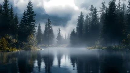 A dark and foggy ethereal forest, misty lake in foreground. Ethereal. Illustration