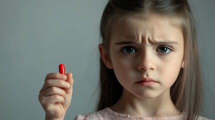 Girl holding up red medicine gel cap pill. Allergy, medicine, dermatology, medical school, cold and flu season concept for doctors, teachers, school, and pharmacist. 