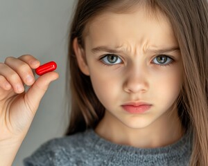 Upset girl holding up red medicine gel cap pill. Allergy, medicine, dermatology, medical school, cold and flu season concept for doctors, teachers, school, and pharmacist. 